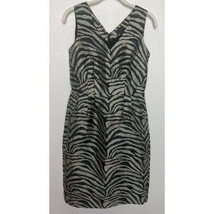 Banana Republic Sz 4 Zebra Print Midi Sheath Dress Black Combo Sleeveless V-Neck